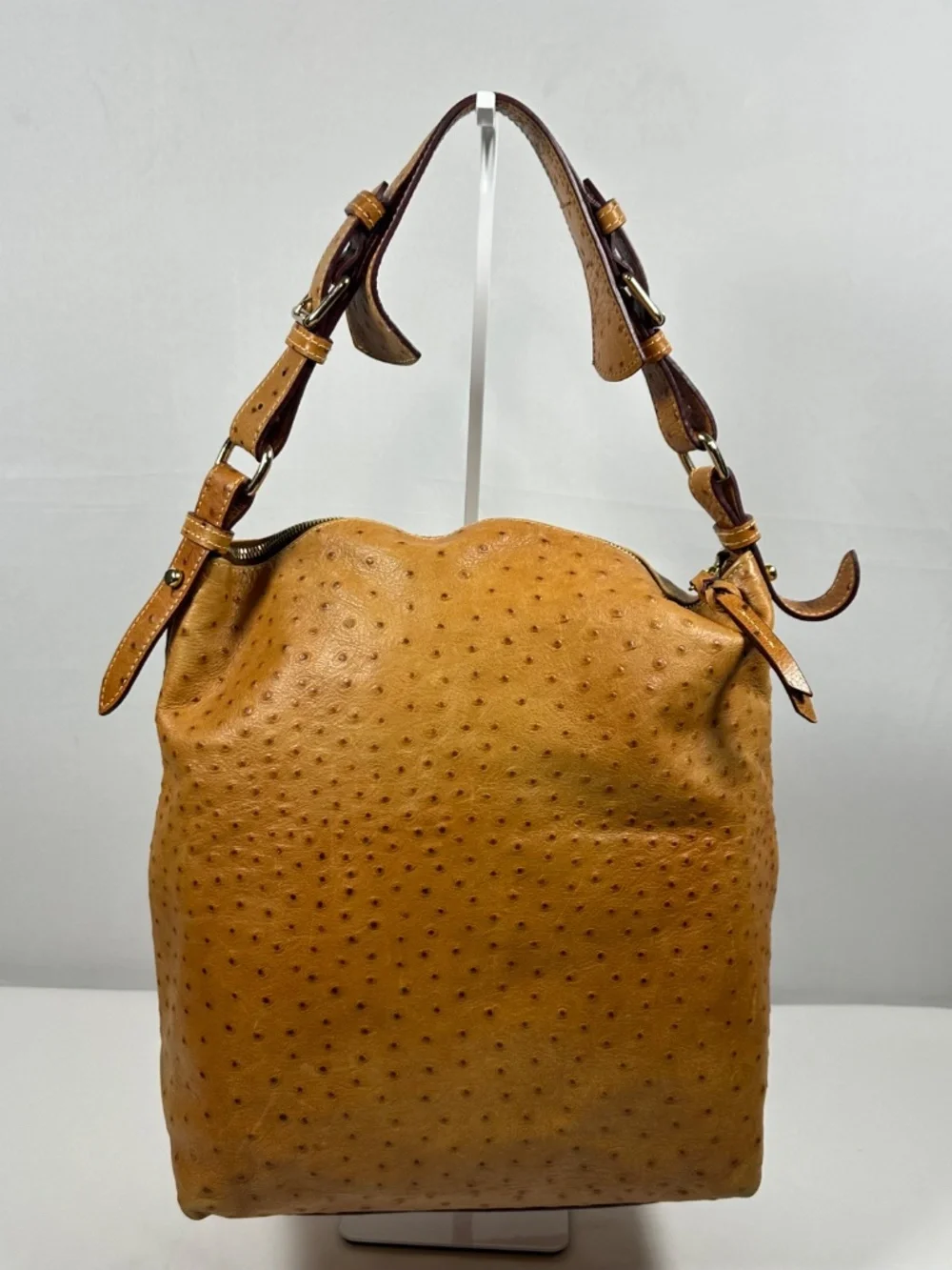 Dooney and Bourke Tan Ostrich Embossed Leather Double Front Zipper Compartments